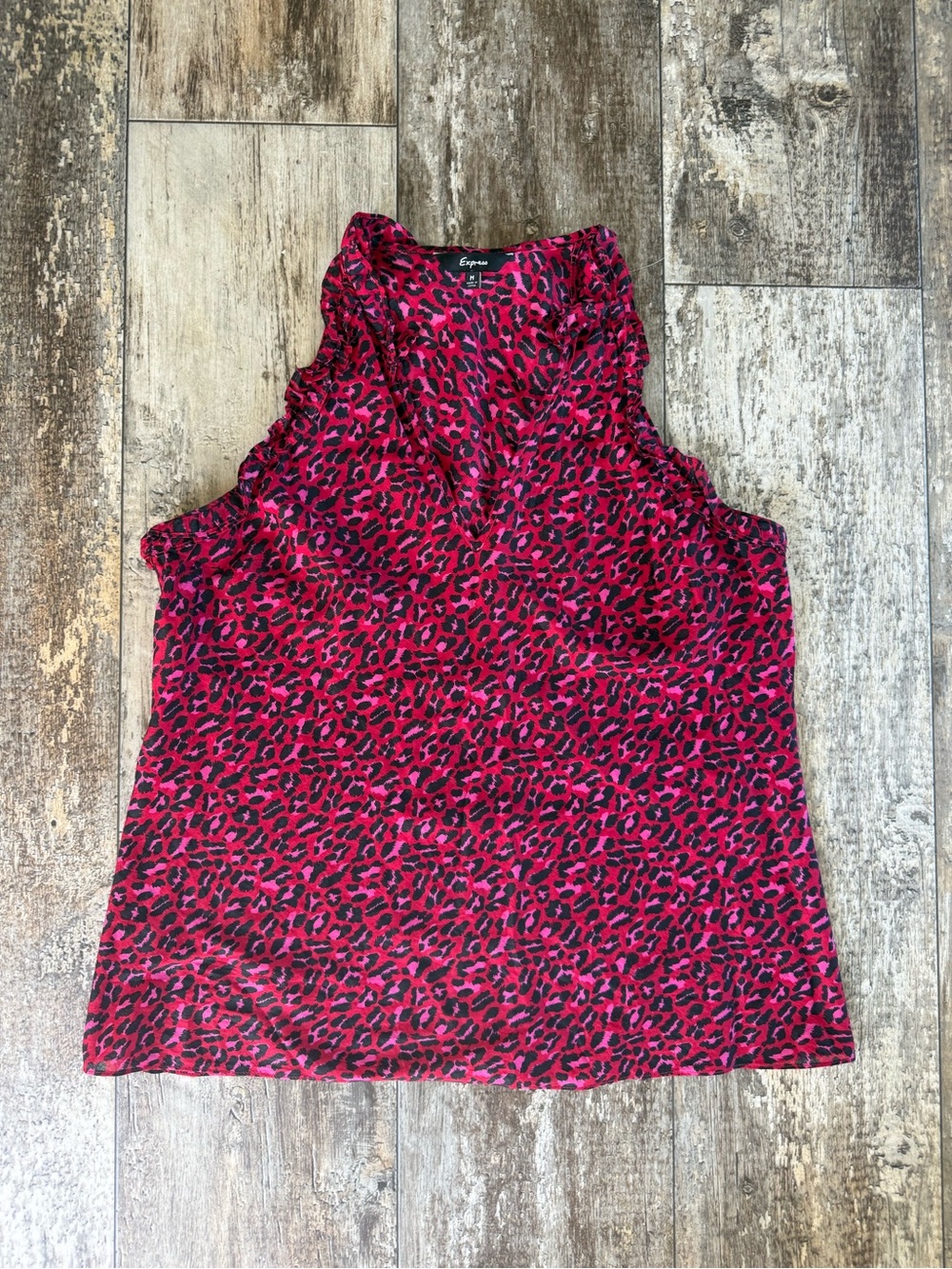 2 for $15 sale: Express pink leopard animal print sleeveless blouse ruffle trim